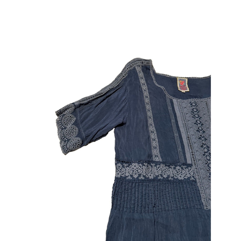 Johnny Was Manchenho Tunic Top XL Blue Embroidered Eyelet Cupro Rayon Boho - Picture 4 of 11
